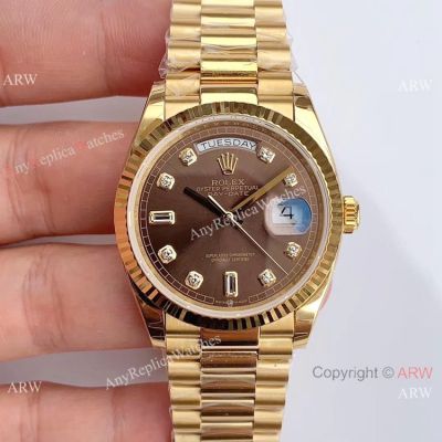 Rolex Oyster Perpetual Day Date Fake Watch 3255 Gold President Brown Diamond Dial